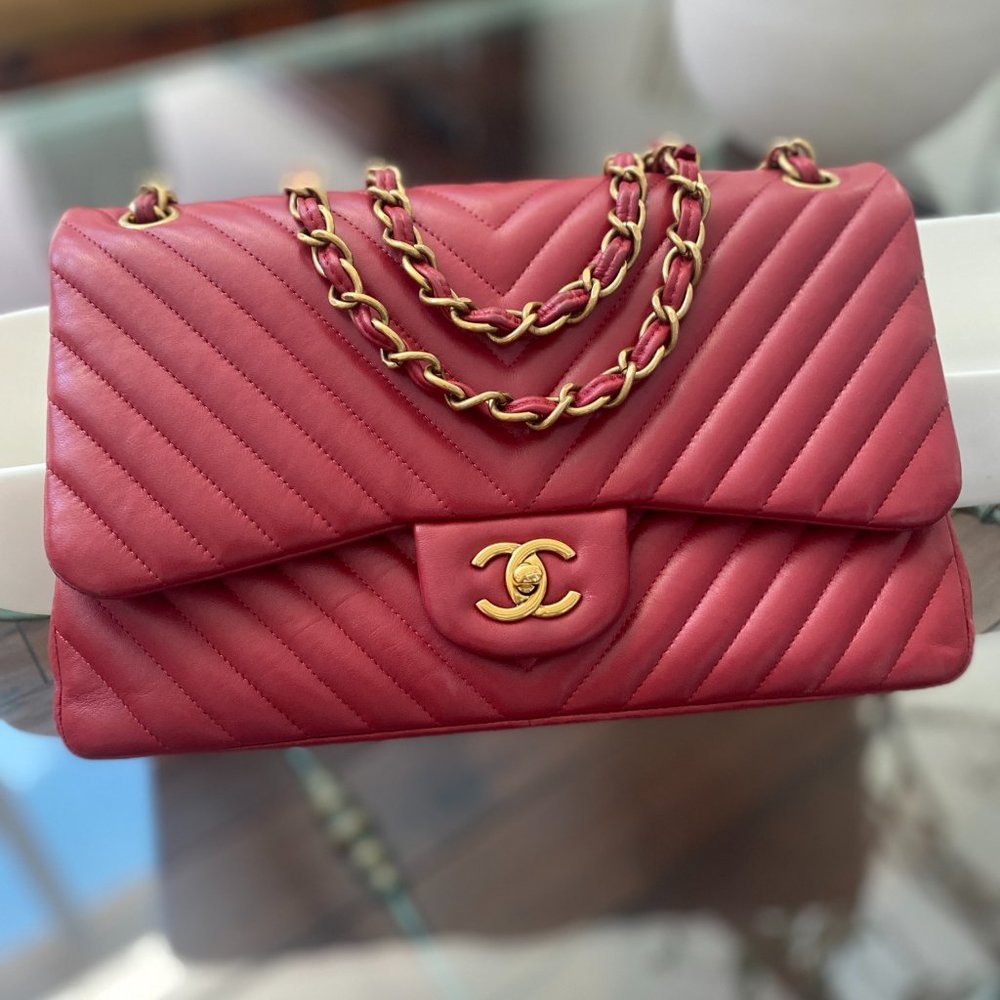 CHANEL Red Jumbo Chevron Classic Flap Handbag Shoulder Bag